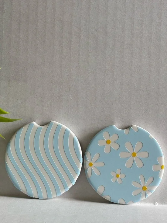 Handmade Ceramic Car Coasters | Blue Daisy & Wavy Stripe Set - Picture 3 of 3